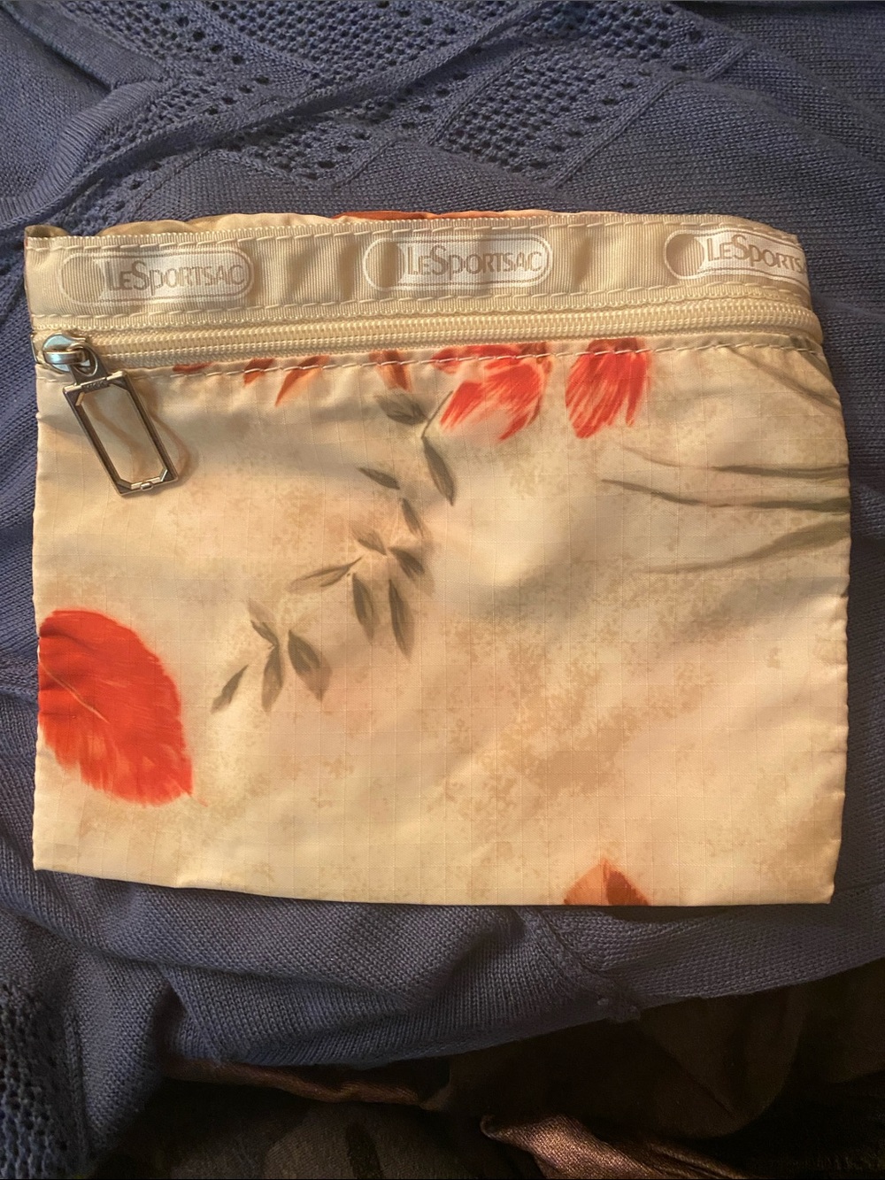 Vintage LeSportsac Ivory Red Floral Nylon Zip Pouch 1980s Old Logo